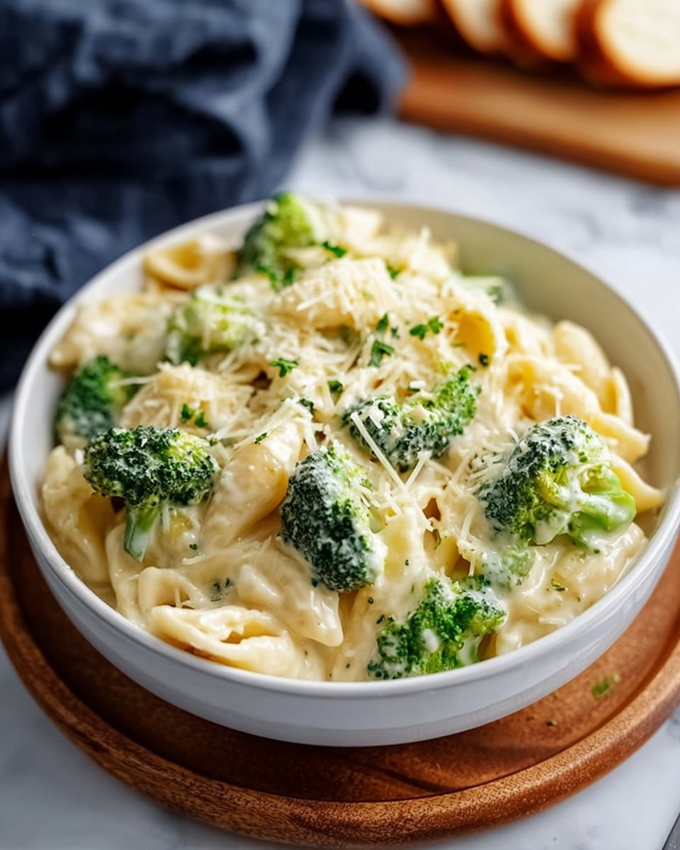 The image shows a white bowl filled with creamy pasta and broccoli on a wooden board, placed on a white marbled surface. The pasta is light yellow, covered in a smooth, thick white sauce that looks cheesy. Bright green broccoli pieces are mixed evenly throughout the pasta. Light green herbs are sprinkled on top along with a fine grated cheese, adding texture and color contrast. In the background, there is a blurred dark blue cloth and some sliced bread. The focus is on the creamy pasta with broccoli, showing its rich texture and fresh ingredients. photo taken with an iphone --ar 4:5 --v 7