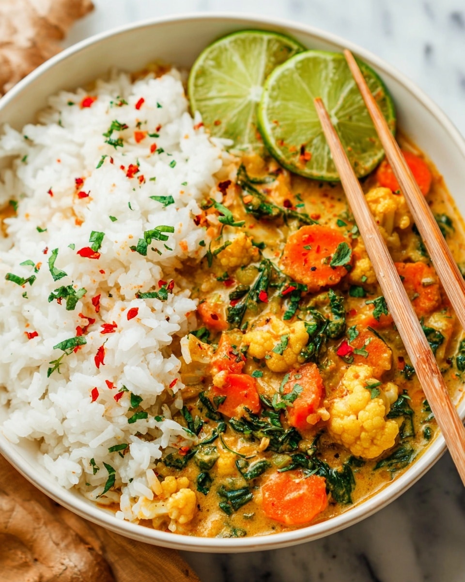 In a white bowl, there is a dish with two main parts: on the right, fluffy white rice sprinkled with small green herbs and red chili flakes, and on the left, a creamy orange curry full of visible vegetable pieces like bright orange carrots, green leafy spinach, and creamy yellow cauliflower, all mixed in a sauce with green herbs on top. Two green lime slices rest on the edge of the bowl, and a pair of wooden chopsticks lies across the top. The bowl is placed on a white marbled surface. photo taken with an iphone --ar 4:5 --v 7