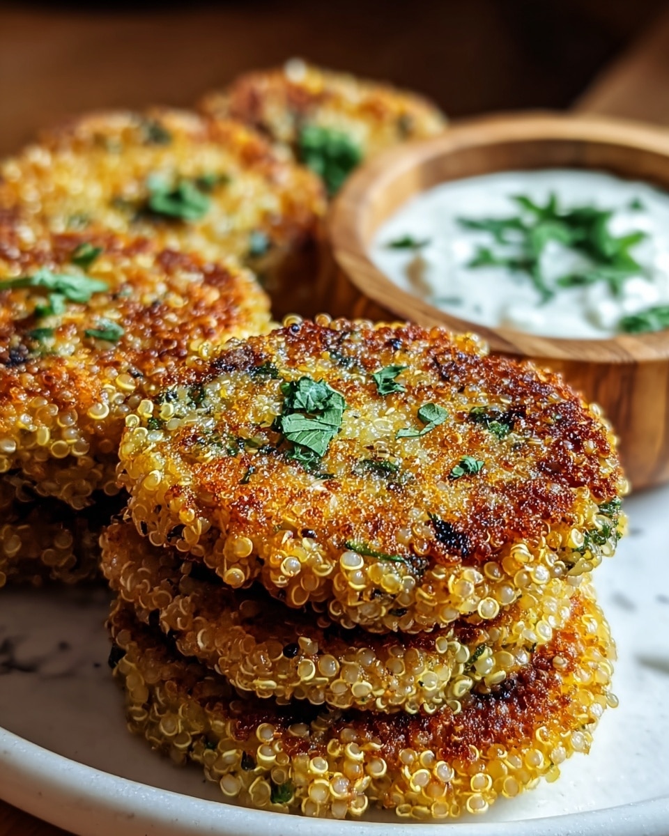 The image shows a close-up of four golden-brown quinoa patties stacked together on a white plate, each pattie having a crispy texture with visible quinoa grains and specks of green herbs evenly spread throughout. Behind the patties, there is a small wooden bowl filled with a creamy white sauce topped with fresh green herb pieces. The whole setting is placed on a white marbled surface, with soft natural light highlighting the crispiness and fresh ingredients. photo taken with an iphone --ar 4:5 --v 7