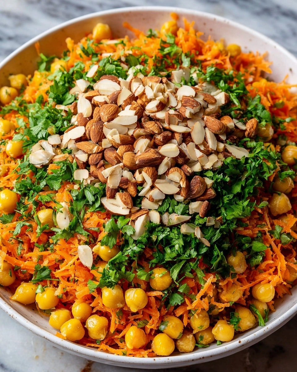 A white bowl filled with a colorful salad featuring three main layers: the bottom layer is made of bright orange shredded carrots mixed with bright yellow chickpeas scattered throughout, the middle layer shows chopped fresh green parsley leaves evenly spread for color and freshness, and the top layer is a generous pile of chopped almonds adding a crunchy texture with light brown and cream colors, all sitting on a white marbled surface. photo taken with an iphone --ar 4:5 --v 7
