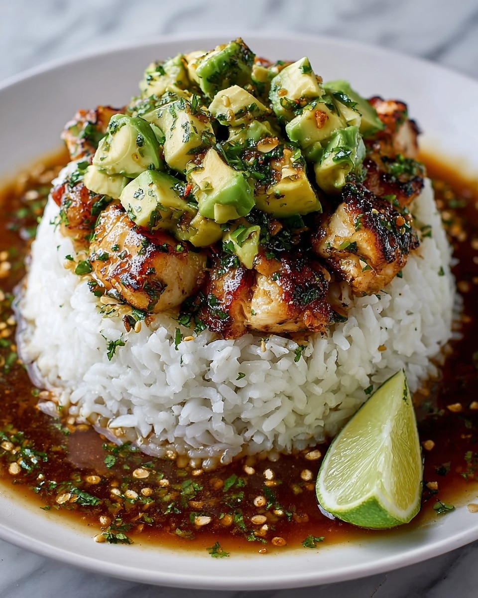 A neatly shaped mound of white rice forms the base layer, topped with pieces of golden-brown grilled chicken that have a slightly charred texture, scattered with green herbs. On top sits a generous layer of diced avocado chunks mixed with more herbs, giving a fresh green contrast. Surrounding the rice on a white plate is a glossy brown sauce with visible bits of chopped herbs and seeds, adding color and moisture. A small wedge of lime rests on the side on the plate, set against a white marbled surface. photo taken with an iphone --ar 4:5 --v 7