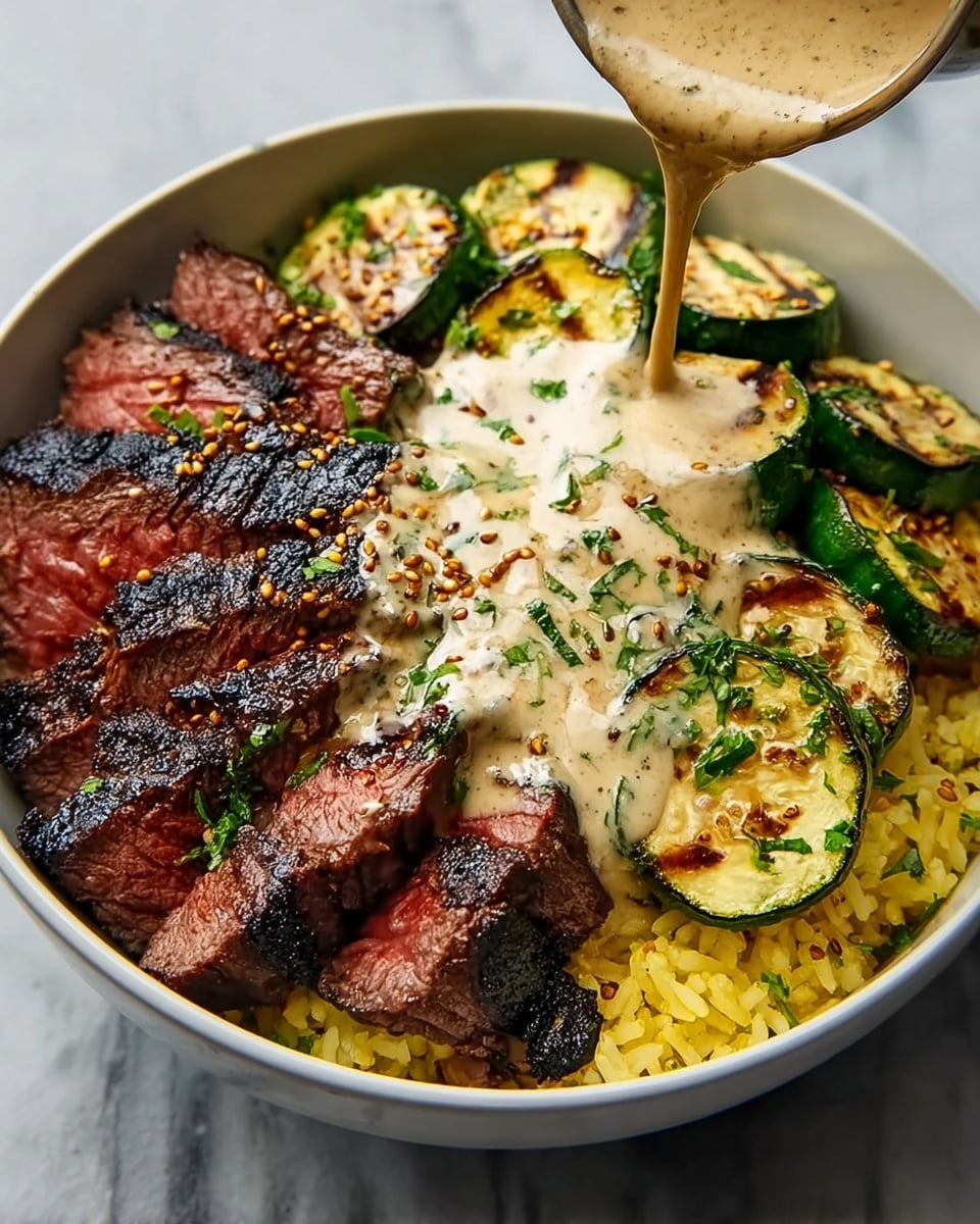 A bowl with three layers: on the left, several slices of grilled steak with a charred black edge and a pink, juicy interior, topped with whole mustard seeds; in the center, creamy sauce with green herbs being poured from above, covering part of the steak and rice; on the right, grilled zucchini slices with light brown grill marks and green herbs, surrounding a bed of yellow rice underneath, all placed in a white bowl on a white marbled surface. Photo taken with an iphone --ar 4:5 --v 7