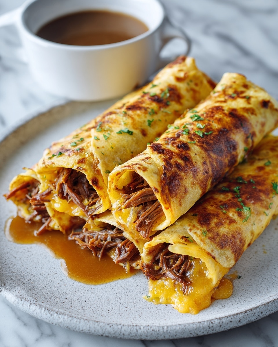Four rolled tortillas filled with shredded dark brown meat and melted yellow cheese are stacked on a white rough-textured plate. The tortillas have a golden brown, crispy appearance with some darker spots, sprinkled with small green herb pieces on top. The melted cheese is slightly oozing from the open ends of the rolls, mixing with a light brown sauce that is pooling beneath them. In the background, there is a white cup filled with more sauce, all placed on a white marbled surface. photo taken with an iphone --ar 4:5 --v 7