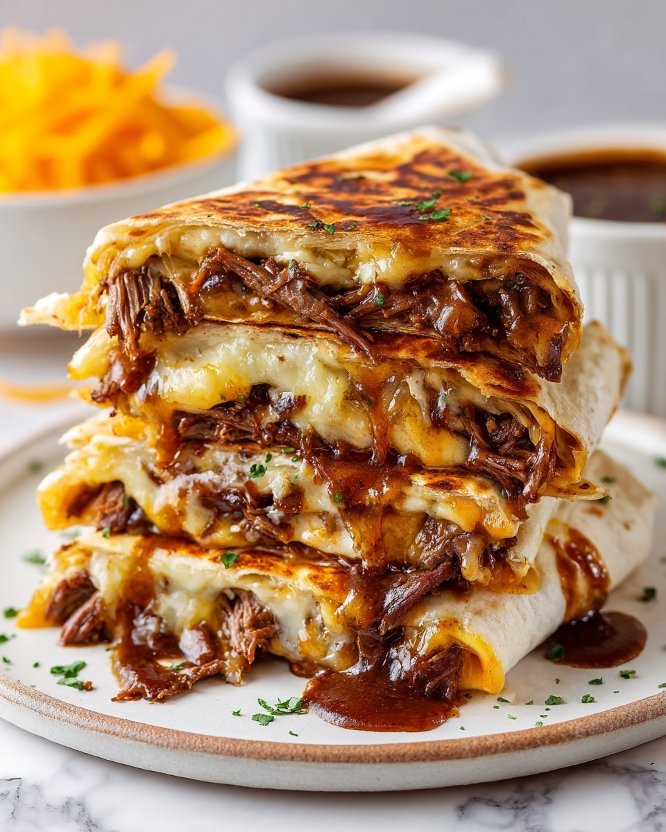 A stack of five grilled burritos on a round white plate set on a white marbled surface, each burrito showing two layers: a golden-brown, slightly charred tortilla wrapped around melted pale yellow cheese and juicy shredded dark brown beef mixed with caramelized translucent onions, all oozing rich brown sauce from one side, sprinkled lightly with small green herb leaves. In the background, a white ramekin of thick dark brown sauce and a white bowl filled with shredded bright orange cheese are blurred. Photo taken with an iphone --ar 4:5 --v 7