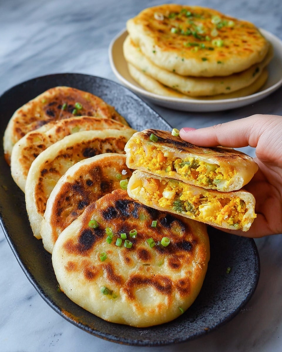 Round golden brown flatbreads with a slightly charred surface are arranged in a row on a dark, oval plate. Each flatbread has a soft, fluffy texture with small green onion bits sprinkled on top. A woman's hand holds one flatbread broken in half, revealing two layers inside: a thin outer dough layer and a thick filling of shredded orange carrots mixed with scrambled yellow eggs. In the background, another white plate holds two more flatbreads stacked with a similar filling visible. The whole scene is set on a white marbled surface. photo taken with an iphone --ar 4:5 --v 7