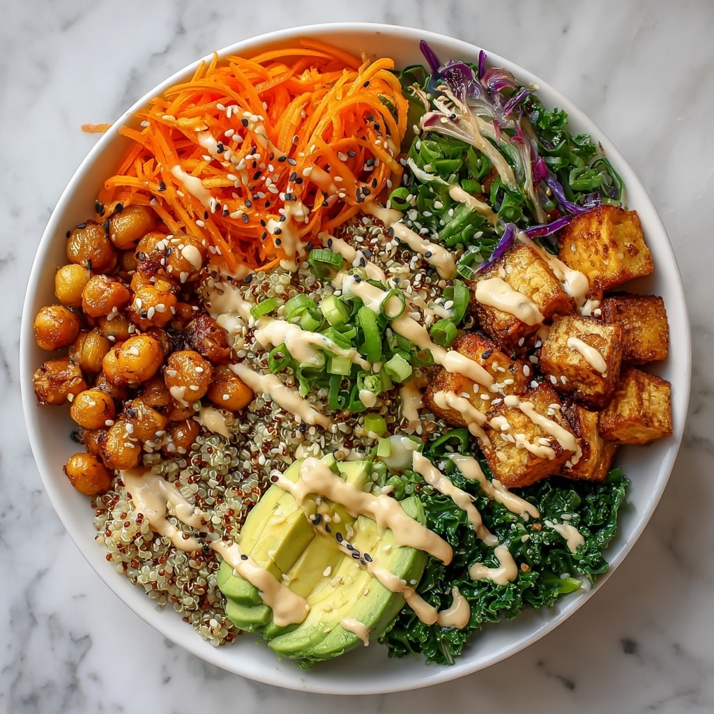 A white bowl filled with six distinct layers, arranged side by side: golden-brown crispy chickpeas at the top, bright orange shredded carrots sprinkled with black and white sesame seeds on the right, a fluffy mix of white and red quinoa topped with chopped green onions at the bottom right, dark green sautéed kale drizzled with tan creamy sauce on the left, caramelized dark brown tofu cubes garnished with sesame seeds and green onions at the bottom left, and in the center, a fan of sliced green avocado drizzled with the same tan creamy sauce and sprinkled with sesame seeds. The bowl sits on a white marbled surface with natural light coming from the right side. Photo taken with an iphone --ar 4:5 --v 7