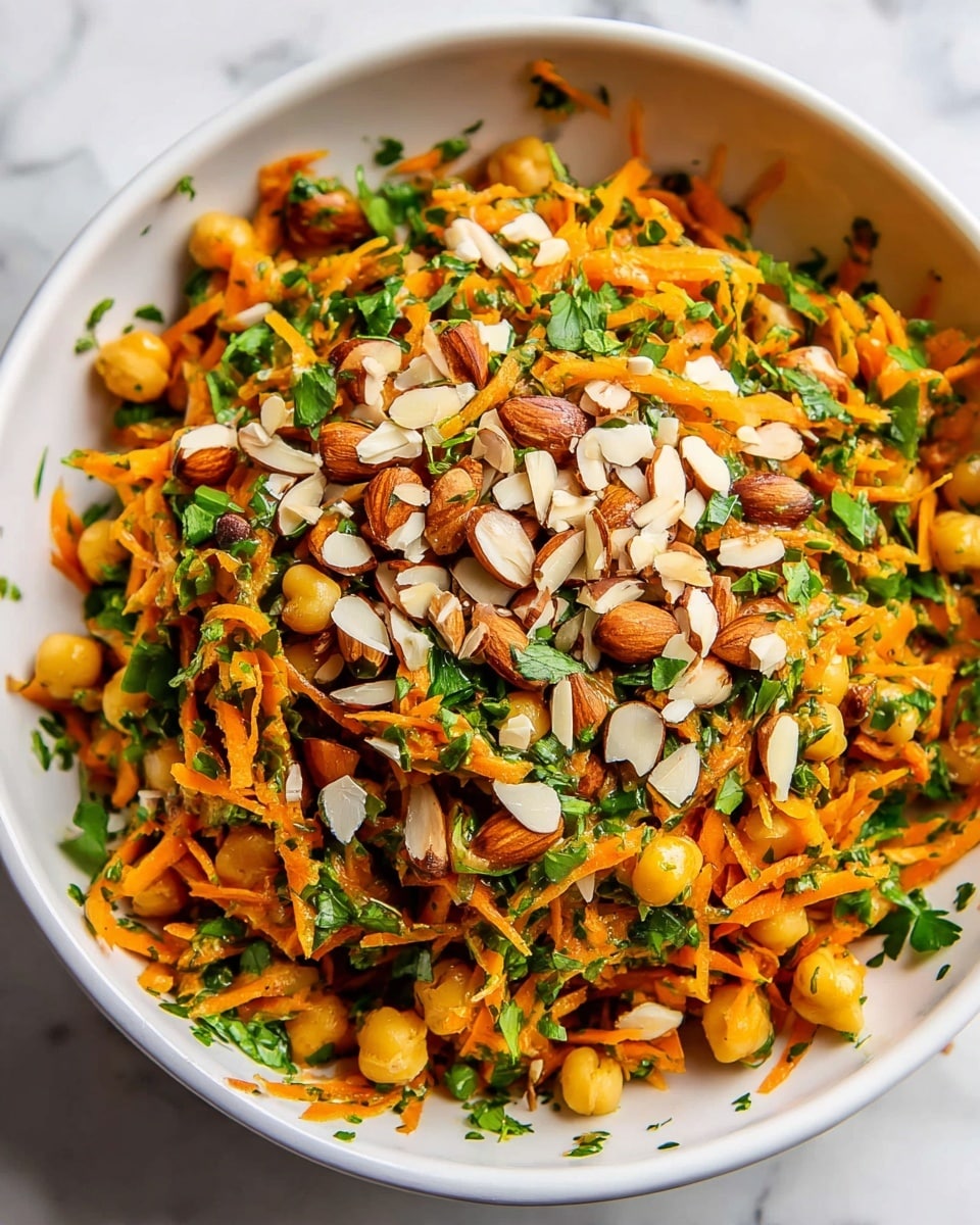 A white bowl filled with a colorful salad made of shredded orange carrots mixed evenly with green chopped herbs and light brown chickpeas. The salad is topped with a scattered layer of sliced and chopped almonds, adding texture and a light tan color on top. The ingredients look fresh and mixed well together, showing a mix of soft, crunchy, and nutty textures. The bowl is placed on a white marbled surface, enhancing the bright and fresh colors of the salad. Photo taken with an iphone --ar 4:5 --v 7