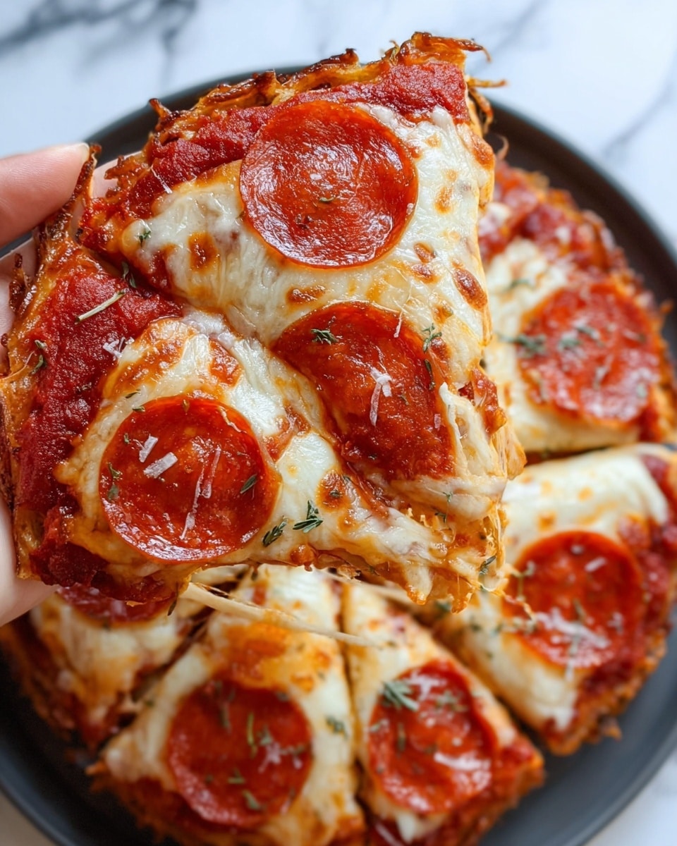 A close-up of a pepperoni pizza held by a woman's hand, showing four slices. The pizza has three layers: a golden-brown crispy crust at the bottom, a thick bright red tomato sauce layer in the middle, and a top layer of melted white cheese with a bubbly texture, topped with large, round red pepperoni slices that have a slightly shiny and oily surface, sprinkled with small green herbs. The pizza is served on a round white plate, with a bit of melted cheese spilling over the edges. The background is a white marbled surface photo taken with an iphone --ar 4:5 --v 7