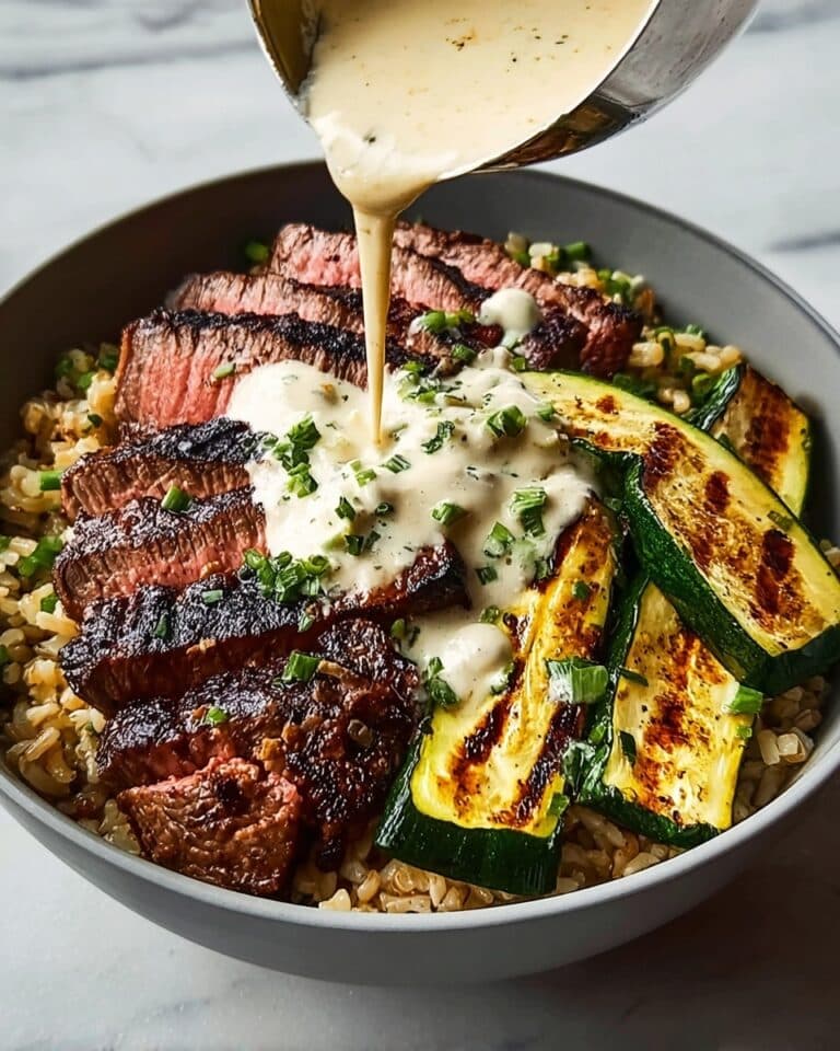 Grilled Steak Bowl with Creamy Herb Sauce and Grilled Zucchini Recipe
