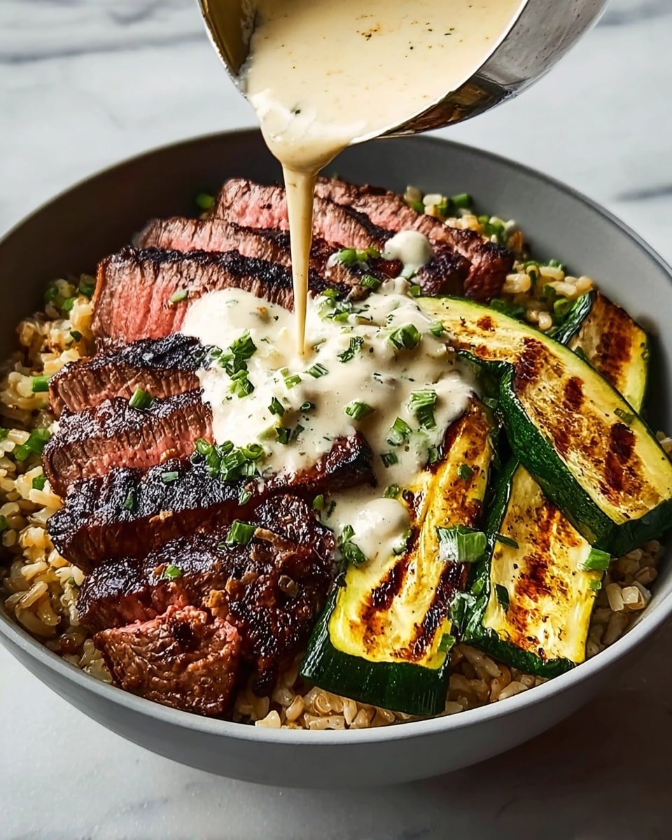 A bowl filled with a base layer of brown rice mixed with small green herbs, topped with two large grilled zucchini slices that have dark grill marks and a glossy texture, placed on the right side. On the left side, there are five thick slices of medium-rare grilled steak, showing charred dark brown edges and a pink center. In the middle, creamy white sauce with green herbs is being poured over the rice and steak, adding a smooth and rich texture. The bowl is white and sits on a white marbled surface. Photo taken with an iphone --ar 4:5 --v 7