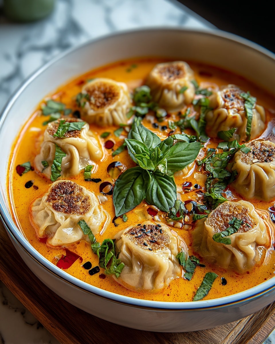 A white bowl filled with a vibrant orange soup that has a creamy texture, topped with seven browned dumplings that have pleated edges and a light golden sear on top. The dumplings float evenly in the soup, which is garnished with chopped green herbs, whole green leaves in the center, and scattered black and red seeds. The bowl sits on a wooden surface with a blurred white marbled texture background. photo taken with an iphone --ar 4:5 --v 7