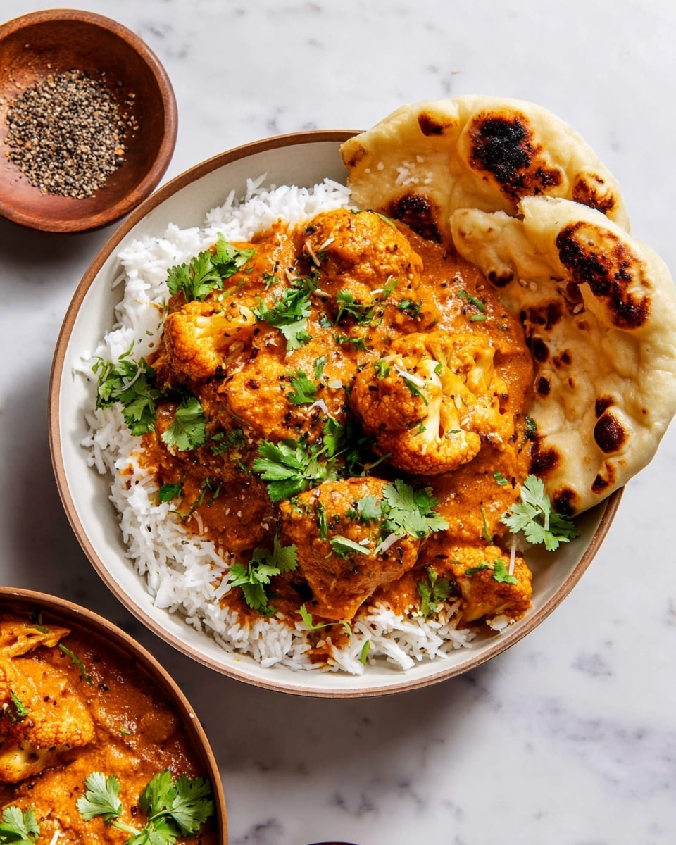 The dish is served in a round white bowl filled with a base layer of white rice, visible at the bottom and edges. On top of the rice, there is a thick, orange-brown curry with chunks of cauliflower coated in the sauce, giving a slightly textured and saucy look. Fresh green cilantro leaves are scattered on top, adding a pop of color. Resting on the right side of the bowl are two pieces of lightly browned naan bread with charred spots. The bowl sits on a white marbled surface. Nearby, a small brown dish contains crushed black pepper, and a part of another similar bowl with the same curry and cilantro garnish is visible. Photo taken with an iphone --ar 4:5 --v 7