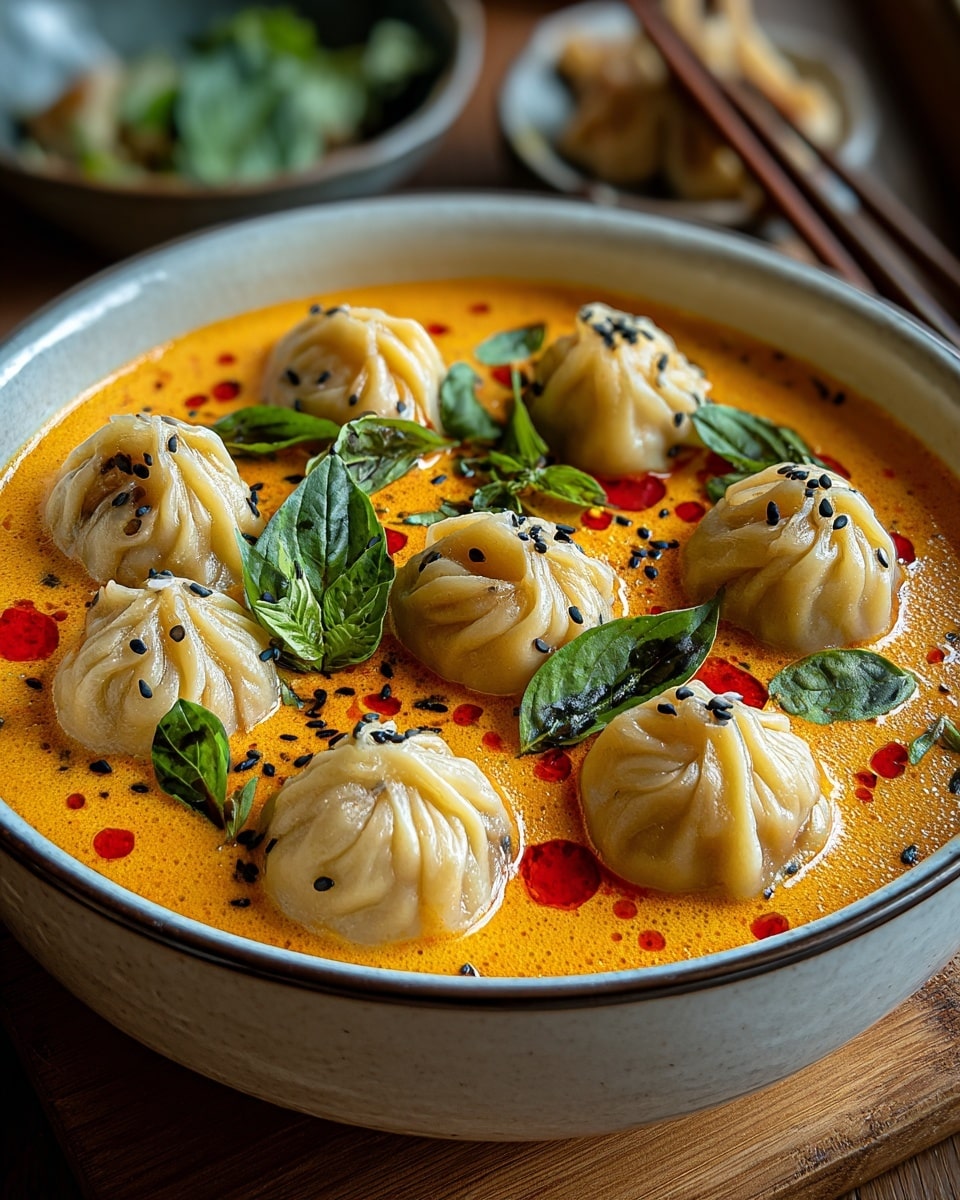 A white bowl filled with an orange creamy soup with a smooth texture, topped with nine round dumplings that have pleated tops showing a light beige color. The soup has a few drops of red oil spread across its surface. Green basil leaves and small black seeds are scattered on top and around the dumplings, adding color and texture contrast. The bowl sits on a wooden surface, with a blurred background hinting at another dish and some chopsticks. Photo taken with an iphone --ar 4:5 --v 7