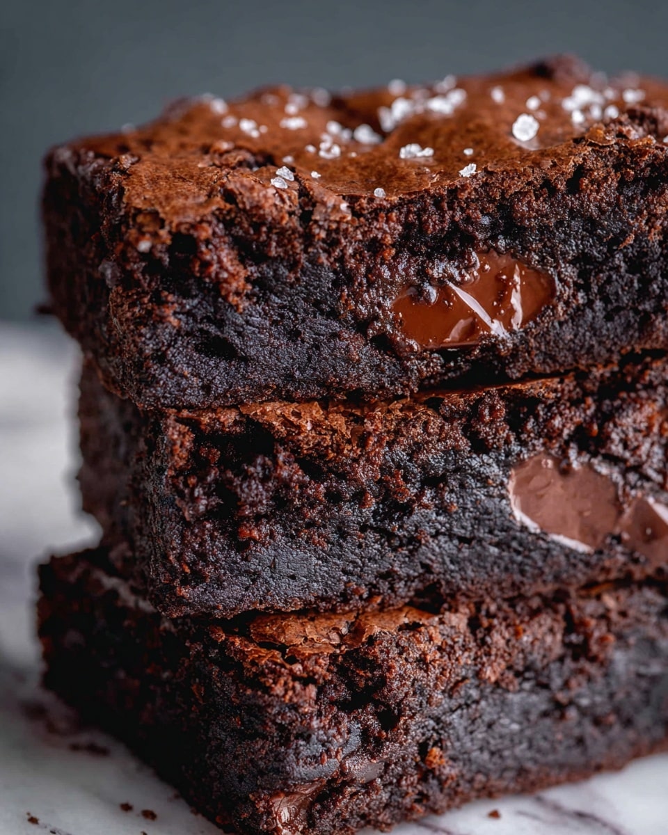 This image shows three close-up slices of dark chocolate brownie stacked slightly on each other against a white marbled background. The brownies have a rough textured surface with melted chocolate chunks and some coarse salt sprinkled on top. The inside texture looks soft and moist with a rich dark brown color, and the top has a crackled crust with melted chocolate chips embedded in it, giving a glossy look. Photo taken with an iphone --ar 4:5 --v 7