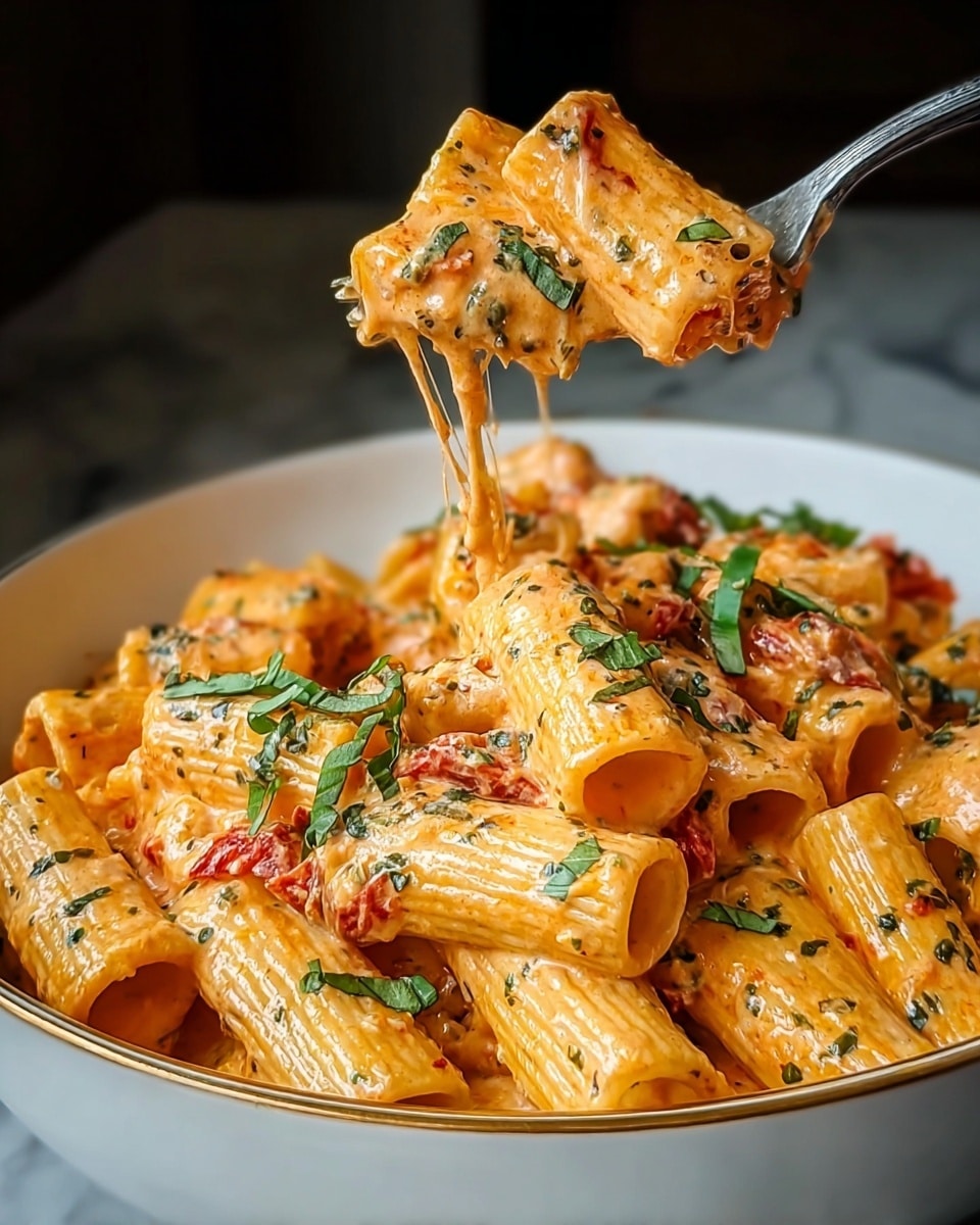 A close-up view of rigatoni pasta coated in a creamy orange sauce with flecks of green herbs and small pieces of red tomato throughout. The rigatoni tubes are thick and ridged, piled high in a white bowl with a thin gold rim. Fresh green herb leaves are sprinkled on top, adding a burst of color. A silver fork lifts a portion of pasta, with melted cheese strings stretching from the batch below. The background is a soft, blurred dark tone with the bowl sitting on a white marbled surface. photo taken with an iphone --ar 4:5 --v 7