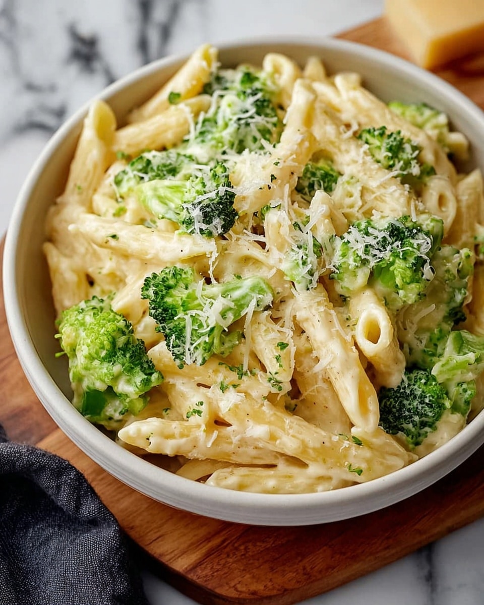 A close-up view of a white bowl filled with three layers: at the base are creamy pale yellow penne pasta coated thickly in a smooth white cheese sauce, mixed evenly with bright green broccoli florets scattered throughout, and topped with a light sprinkling of finely grated white cheese that adds texture and a slightly fluffy look. The bowl is set on a white marbled surface with a wooden board underneath, and a dark cloth is visible at the bottom left edge of the image. Photo taken with an iphone --ar 4:5 --v 7