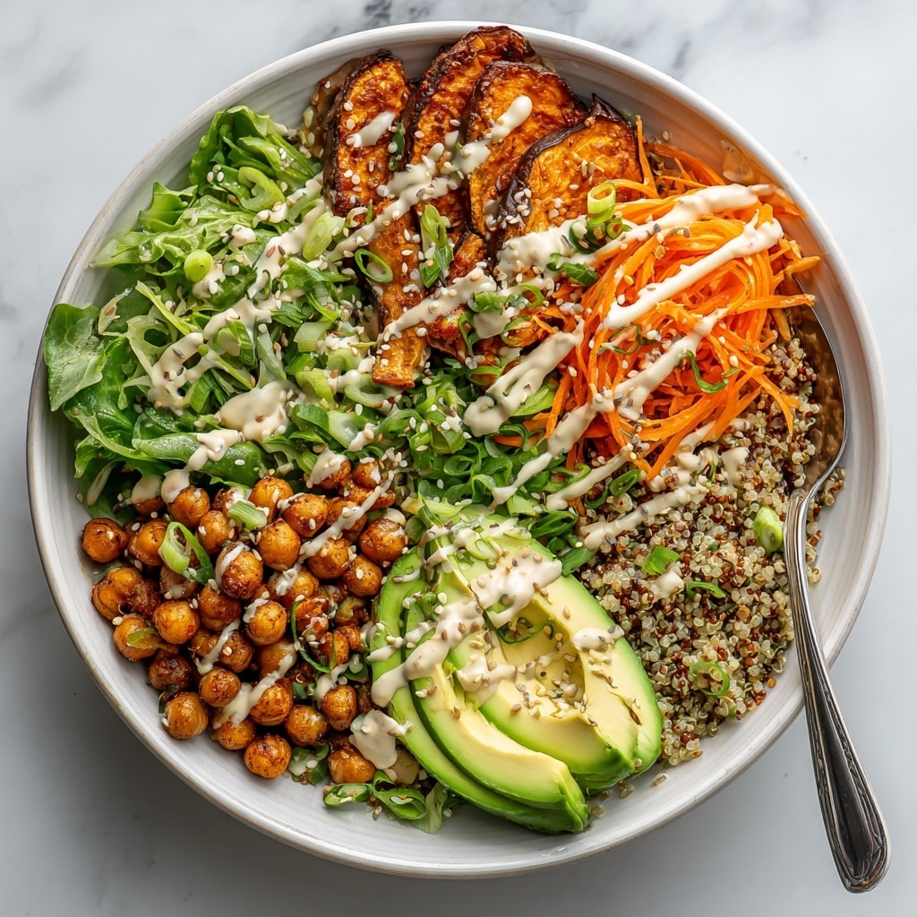 A white bowl filled with a colorful, layered salad placed on a white marbled surface. The bowl contains cubes of golden roasted sweet potatoes drizzled with a creamy, light beige dressing and sprinkled with white sesame seeds, located at the top left. In the center, there are golden-brown roasted chickpeas topped with chopped green onions. To the right of the chickpeas is a portion of mixed quinoa with small white, red, and black grains, next to a small silver spoon resting in a creamy beige sauce. At the bottom right, bright orange shredded carrots are topped with some dressing and herbs. Below the chickpeas, there is a fan-like arrangement of green avocado slices drizzled with the same dressing and sprinkled with seeds. To the left side of the avocado, fresh mixed green salad leaves are lightly covered with the creamy dressing and sprinkled with seeds. photo taken with an iphone --ar 4:5 --v 7