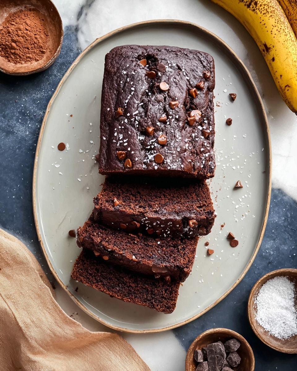 A loaf of dark chocolate banana bread is placed on a white plate with a smooth, slightly curved edge. The loaf is thick and rich, with three slices cut and laid out next to it, showing a dense, moist texture with chocolate chips mixed inside. The top of the loaf is studded with melted chocolate chips and sprinkled with small chunks of coarse salt. Around the plate are a few ripe bananas with brown spots, and the setting is on a white marbled surface with a soft beige cloth and some small bowls of cocoa powder and chocolate chips nearby. photo taken with an iphone --ar 4:5 --v 7