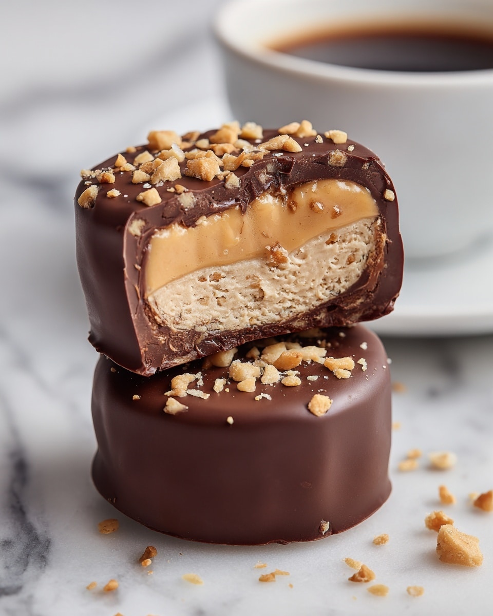 The image shows two stacked chocolate-covered treats on a white marbled surface, with one on the bottom and the other cut in half resting on top, revealing a creamy beige filling inside a thick milk chocolate shell. Each treat is round and smooth, topped with small, light tan crunchy bits scattered over the chocolate. The creamy filling looks dense and soft, contrasting with the shiny, firm chocolate coating. In the blurred background, there is a white cup filled with a dark liquid. Photo taken with an iphone --ar 4:5 --v 7
