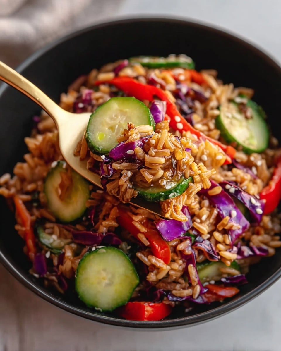 A close-up shows a black bowl filled with a colorful mix of cooked brown rice, bright green sliced cucumber, thin strips of red bell pepper, and vibrant purple cabbage pieces, topped with sesame seeds scattered across the ingredients. A gold fork lifts a spoonful of the textured rice and vegetables, showing the combination of each element with a shiny, slightly saucy coating. The bowl sits on a white marbled textured surface in soft light. Photo taken with an iphone --ar 4:5 --v 7
