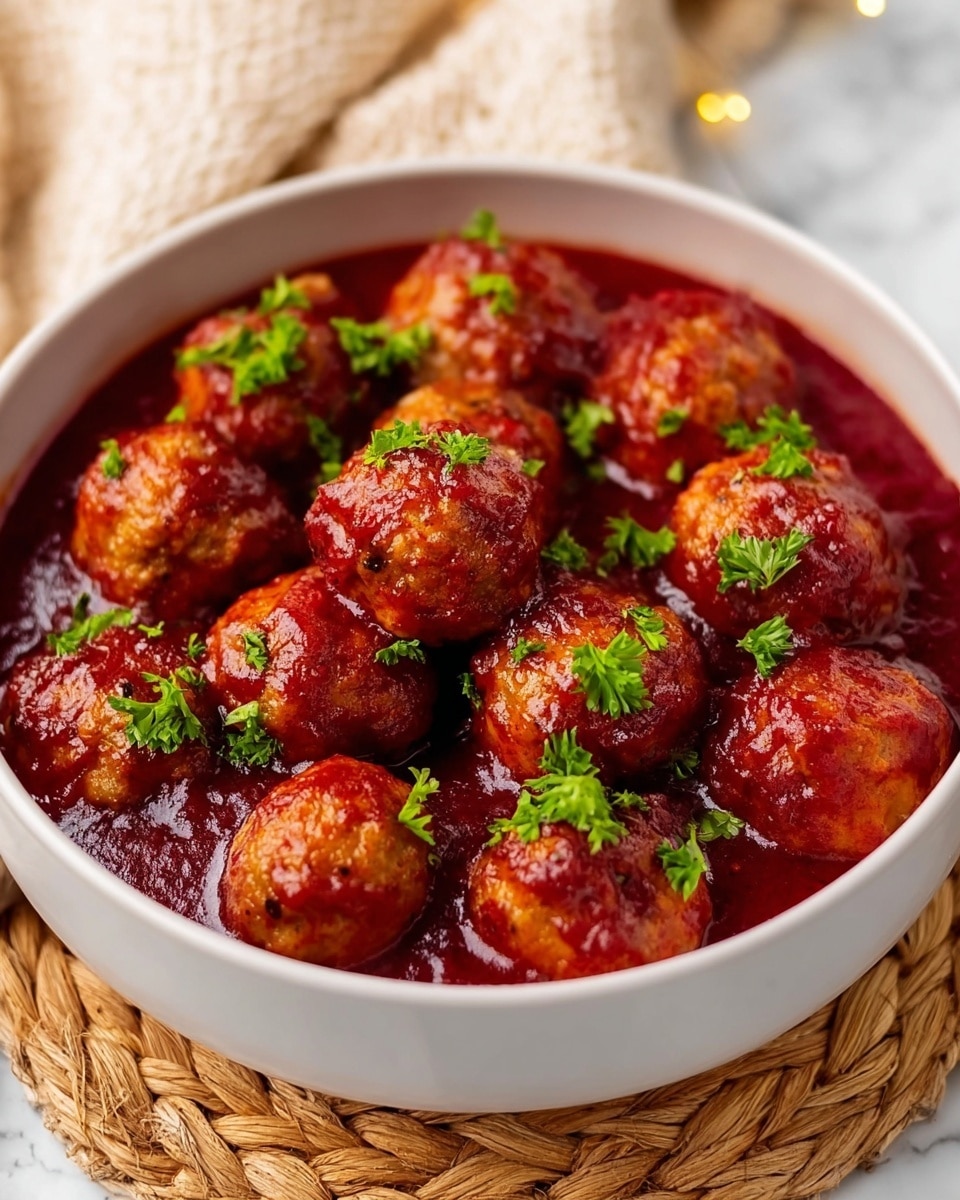 A white bowl filled with golden-brown meatballs, each coated in a thick, glossy, deep red sauce. The sauce covers the bottom of the bowl, creating a rich, smooth layer that pools around the meatballs. Small pieces of fresh green parsley are scattered on top, adding a bright contrast with their leafy texture. The bowl sits on a woven mat, with a white marbled textured surface in the background. photo taken with an iphone --ar 4:5 --v 7
