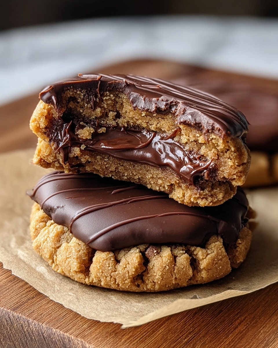 The image shows two layered chocolate peanut butter cookies on a piece of parchment paper over a wooden board, with a white marbled texture in the background. The bottom layer is a thick, soft, crumbly peanut butter cookie with a rough texture and ridges around its edge. The middle layer is a gooey, dark chocolate filling that looks rich and creamy. The top layer is a smooth, glossy chocolate coating with some light lines and a slightly cracked surface. A cookie with a bite taken out is stacked on top, clearly showing the three layers stacked inside. Photo taken with an iphone --ar 4:5 --v 7
