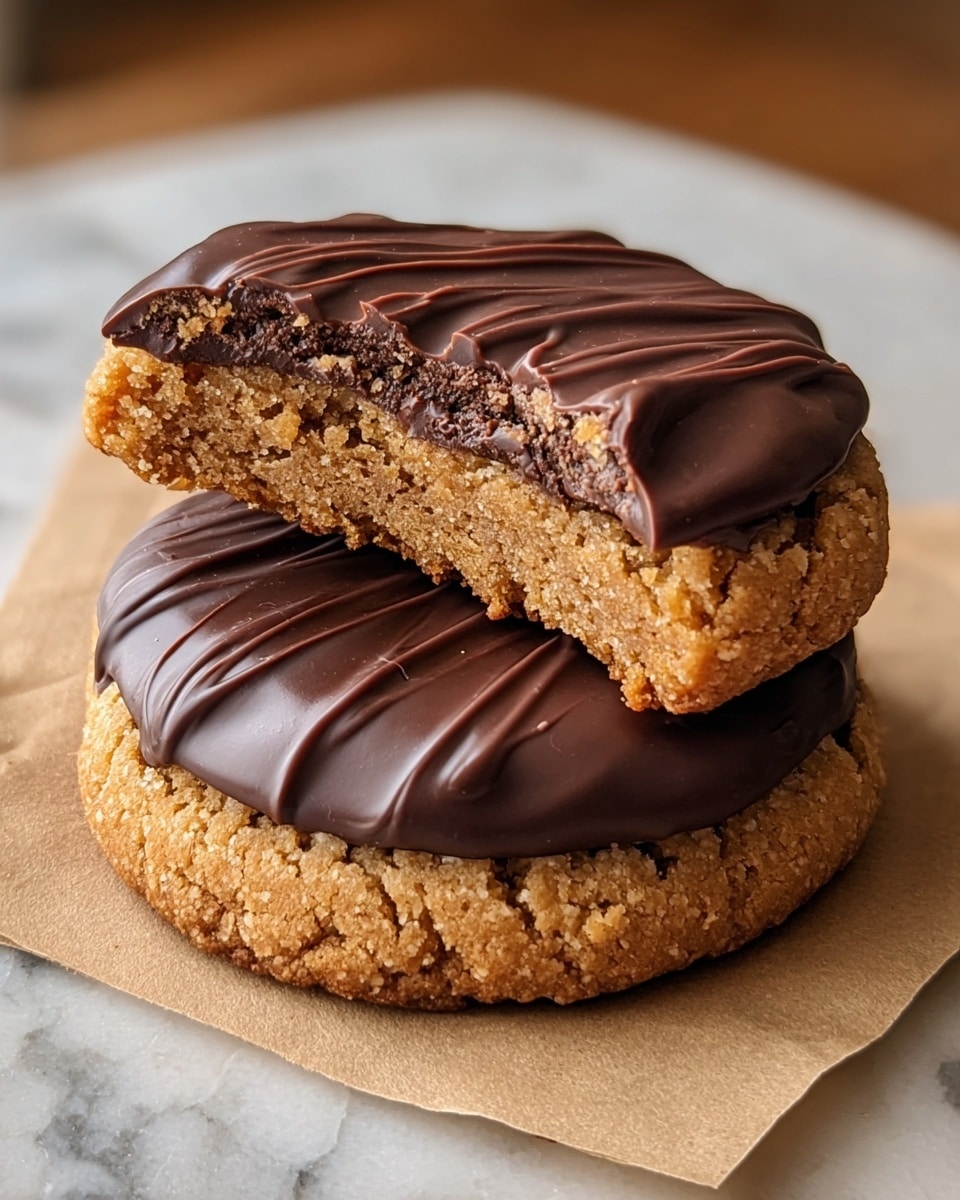 The image shows two round cookies stacked on a light brown parchment paper, placed on a white marbled surface. Each cookie has a thick, crumbly, light brown base layer with visible soft and grainy texture. On the top, there is a smooth, shiny dark chocolate layer with a wavy pattern, covering the entire cookie surface. The top cookie is broken in half to show the thick contrast between the dense cookie base and the glossy chocolate coating. Photo taken with an iphone --ar 4:5 --v 7