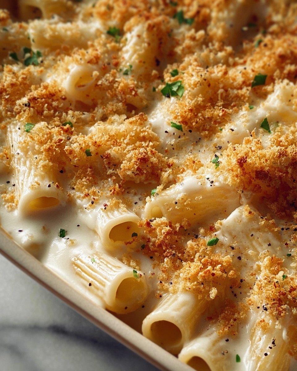 The image shows a close-up view of a creamy pasta dish with two main layers. The bottom layer consists of rigatoni pasta tubes coated in a smooth white sauce with small black pepper specks. The top layer features golden-brown toasted breadcrumbs scattered unevenly across the surface, adding texture and color contrast. Small green herb pieces are sprinkled across the dish, adding hints of fresh color. The scene has a soft, warm light that highlights the crispiness of the breadcrumb topping and the creaminess of the sauce. The background features a white marbled texture. photo taken with an iphone --ar 4:5 --v 7