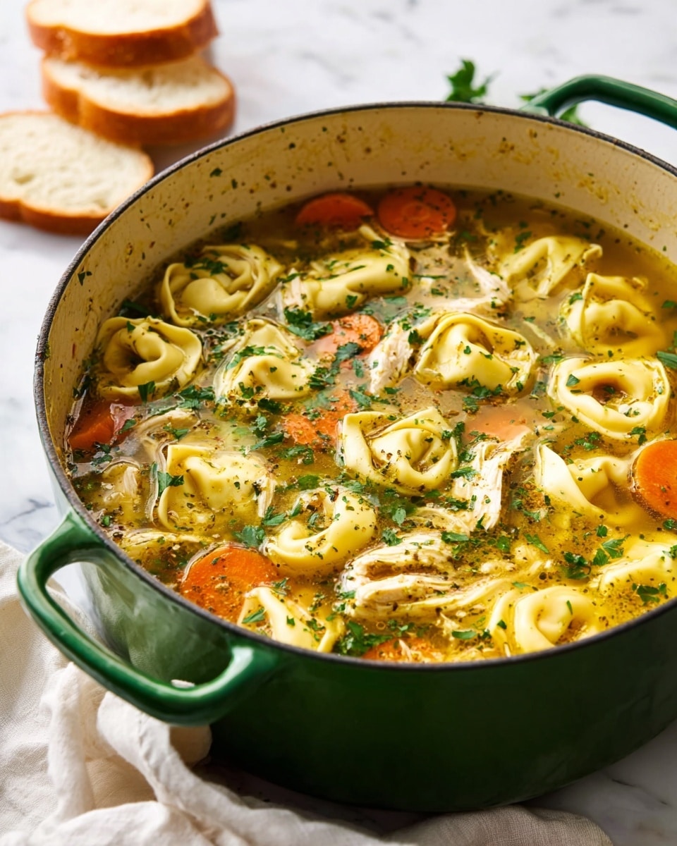 A green enameled pot filled with a warm chicken tortellini soup sits on a white marbled surface. The soup shows multiple light yellow tortellini pieces floating in a clear golden broth with visible specks of herbs and fresh green parsley scattered on top. Bright orange carrot slices and shredded white chicken pieces are mixed evenly throughout the soup. Beside the pot, there’s a soft white cloth casually placed and a stack of white bread slices in the background. Photo taken with an iphone --ar 4:5 --v 7