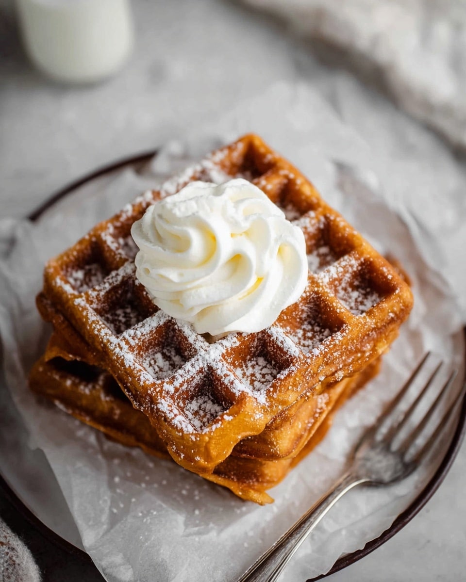 Two square golden brown waffles stacked on top of each other on a piece of white parchment paper, placed on a white plate with a dark rim. The top waffle is dusted with powdered sugar and holds a swirl of smooth white whipped cream in the center. A silver fork rests next to the waffles on the plate, all set on a white marbled surface. photo taken with an iphone --ar 4:5 --v 7