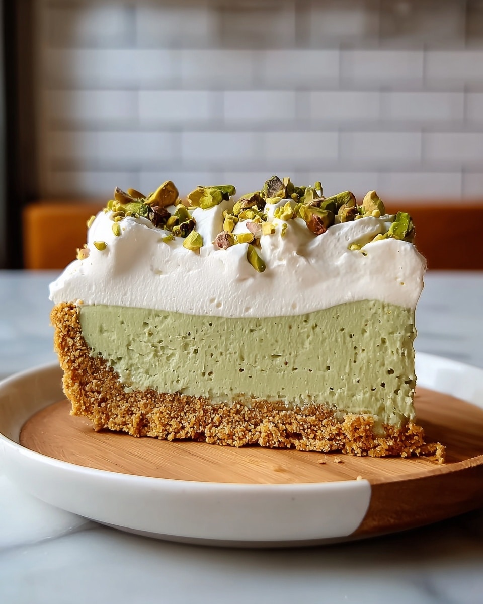 A slice of cake with three layers sits on a white plate. The bottom layer is a thick, crumbly brown crust. The middle layer is thick, smooth, and light green with small dark green specks all over. The top layer is fluffy, white cream, topped with whole and chopped green pistachio nuts. The edges of the cake are clean and show the distinct layers clearly. The background has a white marbled texture, and there is a metal fork next to the plate. photo taken with an iphone --ar 4:5 --v 7