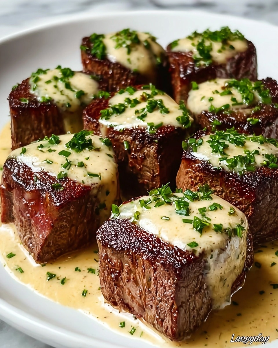 The image shows several thick, square-cut pieces of cooked steak arranged closely together on a white plate. Each steak piece has a dark brown, seared outer layer with a juicy, slightly textured surface. On top of each steak, there is a smooth layer of creamy, light beige sauce, glistening and covering the center of the meat. Small green chopped herbs are sprinkled generously over the sauce and steaks, adding a touch of bright color contrast. The sauce pools slightly at the bottom of the plate, enhancing the rich and moist appearance of the dish. The plate is placed on a white marbled surface. photo taken with an iphone --ar 4:5 --v 7