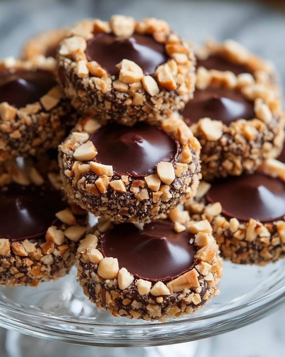 A clear glass stand holds round cookies stacked on top of each other. Each cookie has a thick dark chocolate center that is smooth and shiny. Around the chocolate center, there is a ring of chopped light brown and tan nuts, giving the cookies a rough texture. The cookies are close together, showing many layers of the chocolate and nut combination. The background is a white marbled texture, softly blurred. photo taken with an iphone --ar 4:5 --v 7