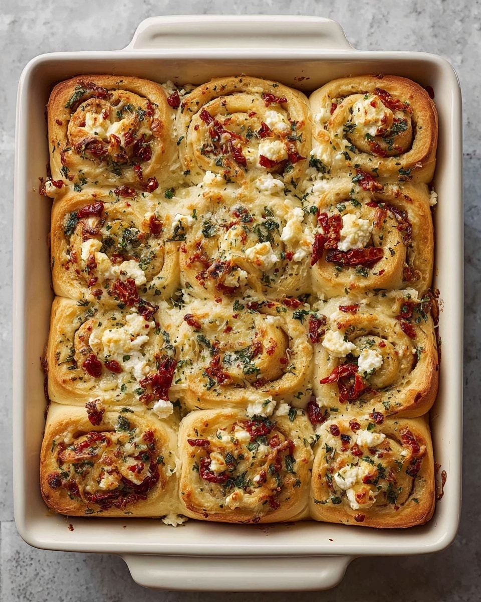 A rectangular white baking dish holds twelve golden-baked rolls, arranged in three rows of four. Each roll has a spiral shape with visible layers of soft, fluffy dough and a topping mix inside. The filling includes white cheese crumbles, bright red sun-dried tomato pieces, and green herb leaves scattered throughout. The rolls have a slightly browned, bubbly cheese crust on top, with some herbs and small bits of tomato sprinkled on the surface. The dish rests on a white marbled texture. photo taken with an iphone --ar 4:5 --v 7