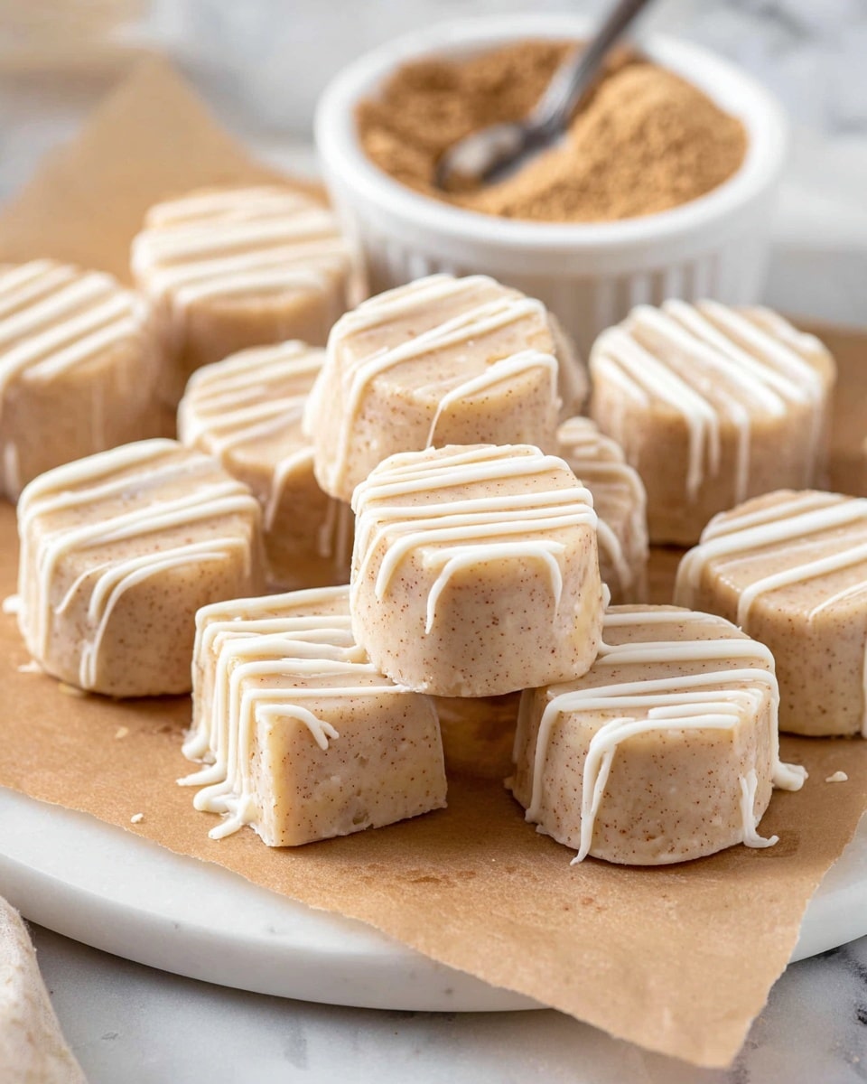 The image shows small round and square light beige fudge pieces arranged on a piece of brown parchment paper placed on a white plate. Each fudge piece has a smooth texture with a subtle speckled pattern throughout. They are decorated with thin white icing drizzles on top, creating crisp lines that slightly drip down the sides. In the background, there is a small white bowl filled with a light brown powdered substance, with a metal spoon resting inside. The overall setting is on a white marbled surface. photo taken with an iphone --ar 4:5 --v 7
