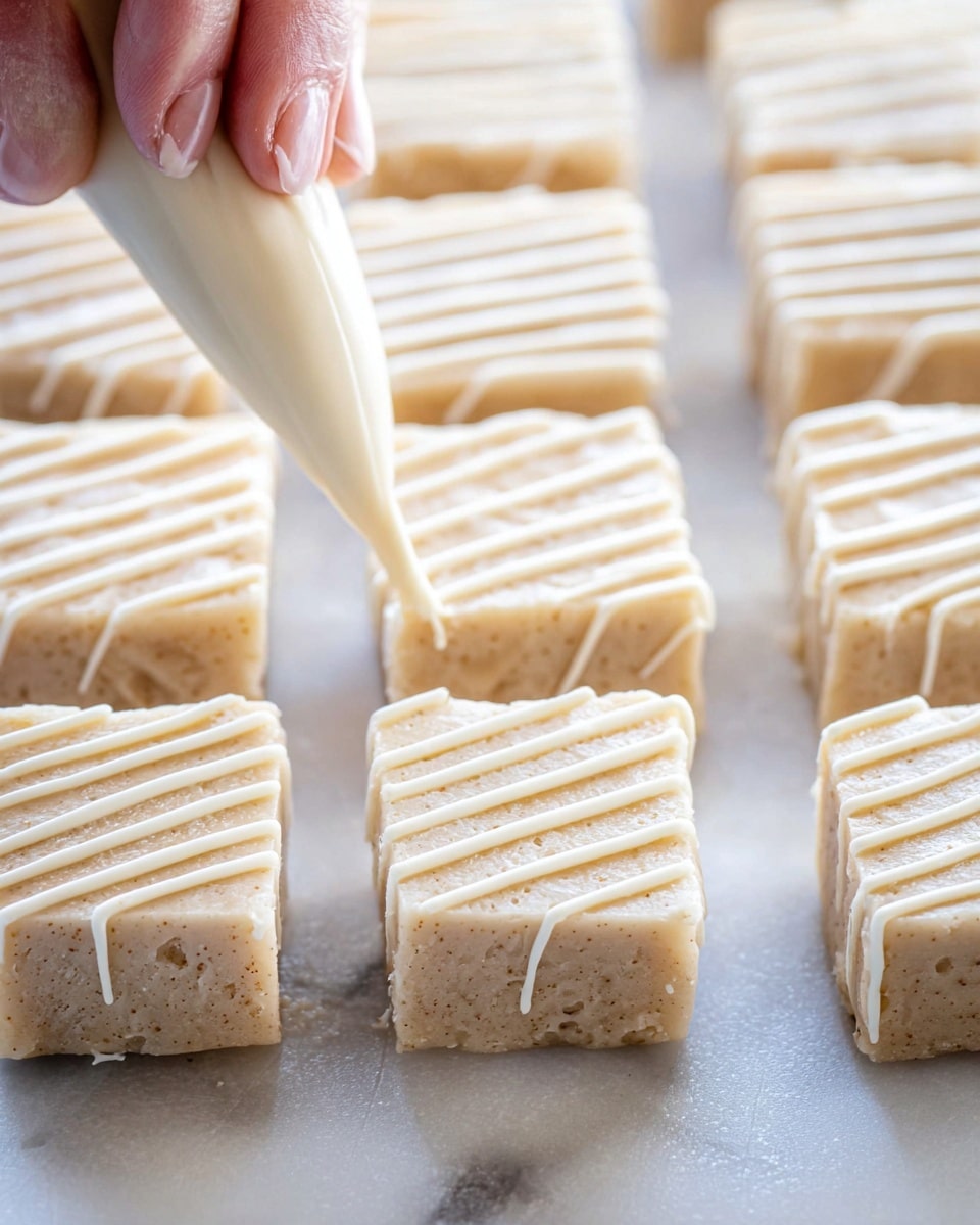 A close-up shows several square fudge pieces, each about one layer thick with a light beige color and a smooth texture with small specks throughout. A woman's hand is piping a thin layer of creamy white frosting in diagonal lines on top of each fudge square, creating neat stripes. The fudge pieces are placed on a white marbled textured surface, spaced evenly in rows. The lighting is soft, highlighting the creamy texture and detailed frosting on each piece. Photo taken with an iphone --ar 4:5 --v 7