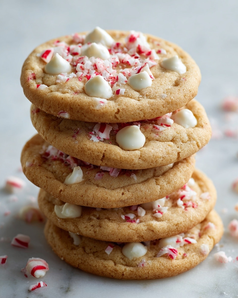 A stack of soft, round cookies is shown on a white marbled surface, each cookie with a light golden brown color and slightly cracked texture. The top cookie is decorated with white drops of smooth cream and pieces of red and white peppermint candy scattered across its surface. The candies vary in size and shape, some whole candy canes and some crushed into small chunks embedded in the cookie dough. The stack has about eight cookies, each showing the same pattern of cream spots and candy bits. The photo was taken with an iphone --ar 4:5 --v 7