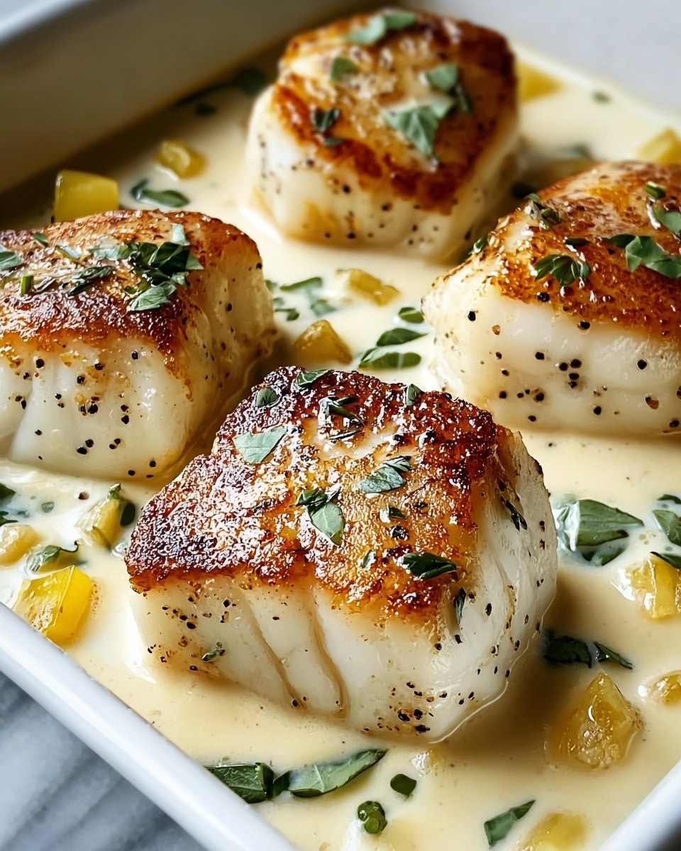 The image shows several pieces of golden brown seared fish sitting in a light creamy sauce with small yellow chunks and green herb leaves scattered throughout. The fish pieces have a crispy, textured top with dark grill marks and visible dots of black pepper, while the body of the fish is white and flaky. The fish is arranged inside a white dish, partially submerged in the thick sauce. The sauce looks smooth and glossy, coating the sides of the dish softly. The background is a white marbled texture. photo taken with an iphone --ar 4:5 --v 7