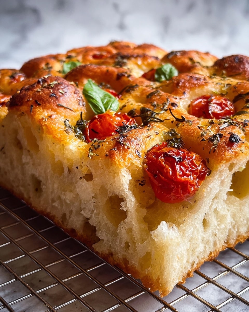 A thick slice of focaccia bread with a golden brown top layer that is bumpy and bubbly. The bread has visible holes and soft white inside layers beneath the crust. There are small roasted cherry tomatoes on the top, showing red and slightly wrinkled skin, along with light green fresh basil leaves scattered on top. Fine dark herbs and seasonings are sprinkled across the surface, adding texture. The focaccia sits on a wire rack over a white marbled texture. Photo taken with an iphone --ar 4:5 --v 7