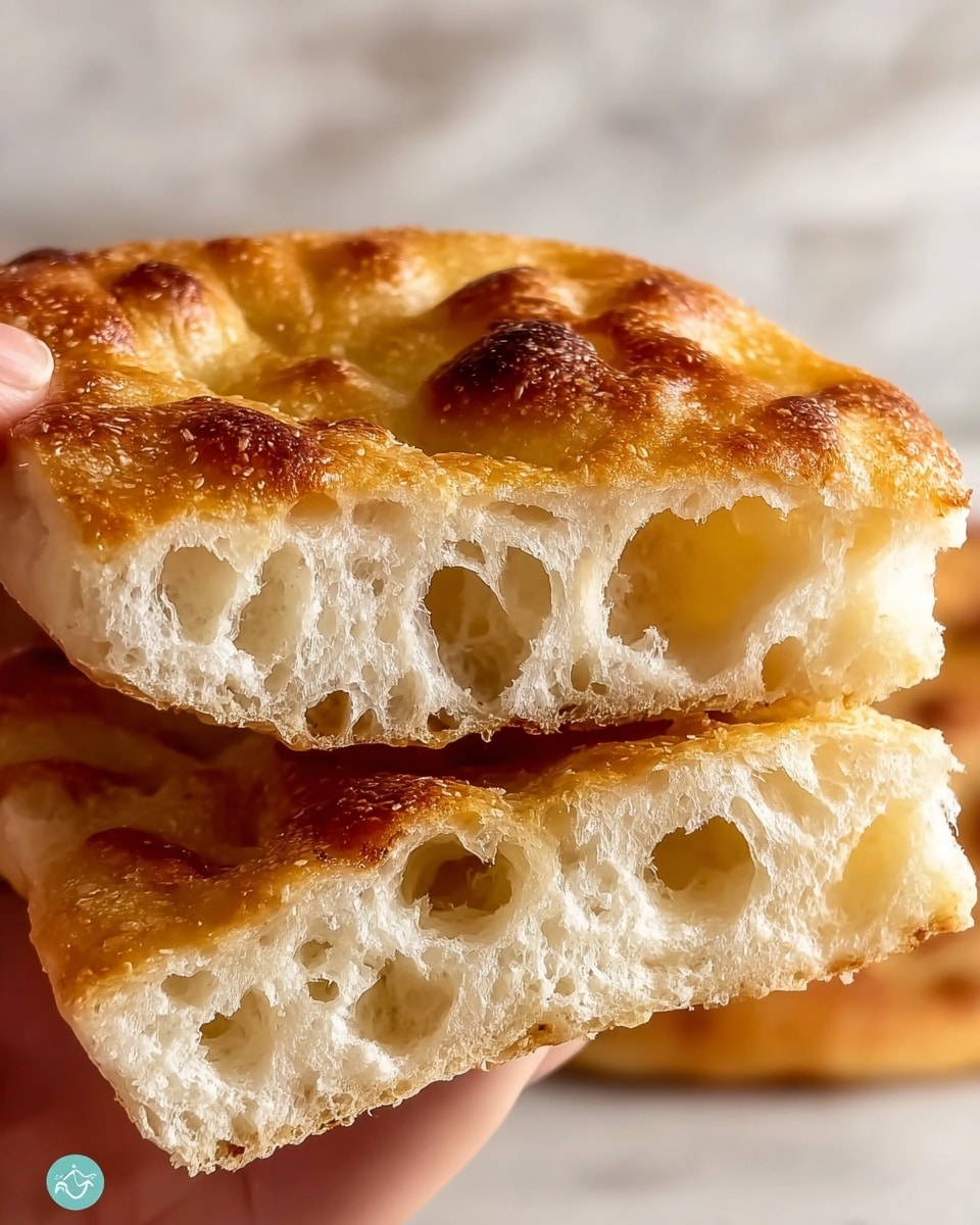A close-up image of two pieces of focaccia bread being held by a woman's hand; the bread shows a golden-brown, slightly crispy crust on top with irregularly shaped air pockets inside, revealing a soft, spongy texture with a creamy white color in the bread's interior. The edges look slightly chewy with a light, inviting shine. The background has a white marbled texture that is softly out of focus, giving attention to the bread's detail. photo taken with an iphone --ar 4:5 --v 7