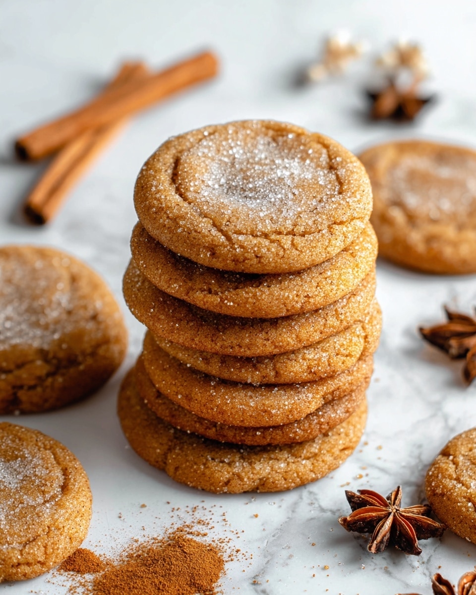 A pile of seven soft, round ginger cookies sits on a white marbled surface, each cookie golden-brown with a slightly cracked top, sprinkled with granulated sugar, giving a mild sparkle. The cookies are stacked unevenly, with the top cookie centered and the others fanning out beneath it. Around the pile, there are two cinnamon sticks placed horizontally near the top right, two more cinnamon sticks resting vertically at the bottom left, and scattered star anise pods nearby, adding warm brown tones and natural textures to the scene. Light dustings of cinnamon powder and sugar are visible on the surface around the cookies, enhancing the cozy, spiced atmosphere. Photo taken with an iphone --ar 4:5 --v 7