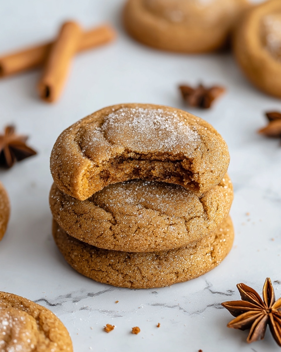 The image shows a stack of two soft brown cookies with one cookie on top having a bite taken out of it, revealing a chewy inside. The cookies have a slightly cracked texture on the surface, sprinkled with white sugar. Surrounding the stack are more cookies, some whole, on a white marbled surface, with star anise and cinnamon sticks scattered nearby, adding a warm, cozy feel. Photo taken with an iphone --ar 4:5 --v 7