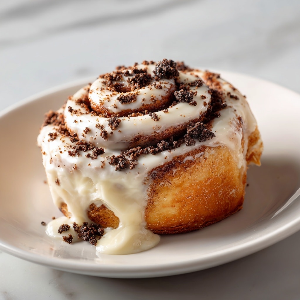 This image shows a close-up of a cinnamon roll with about three visible layers of soft, golden-brown dough spiraled tightly. The roll is covered in thick, white icing that drips slightly down the sides, with dark crushed cookie crumbs sprinkled generously on top and inside the swirls. A small piece is cut from the roll and held on a silver fork, showing the moist and fluffy inside texture. The roll is placed on a white plate on a white marbled surface. Photo taken with an iphone --ar 4:5 --v 7
