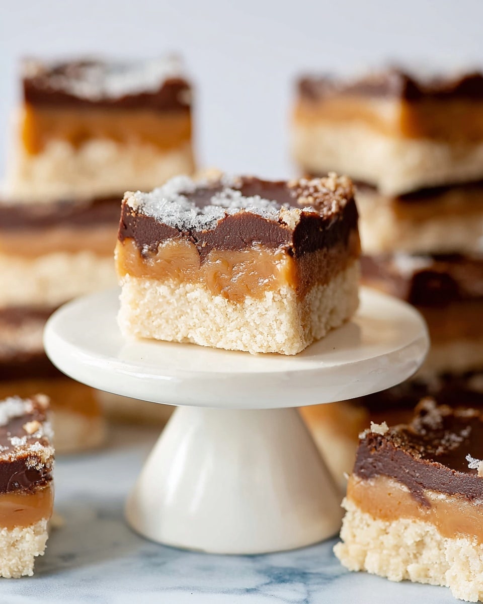 The image shows a close-up of a square dessert bar with three visible layers placed on a small white pedestal stand against a white marbled background. The bottom layer is light beige and crumbly, the middle layer is a smooth, rich caramel color, and the top layer is a thick, dark chocolate that looks creamy and slightly glossy. The dessert bars around the stand have the same layers and rough texture on the top, showing some crumbs. The background is clean and bright. photo taken with an iphone --ar 4:5 --v 7