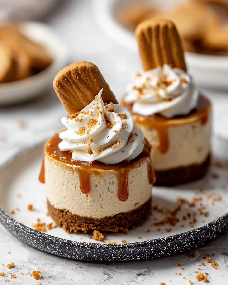 Two small cheesecakes sit on a white plate with dark speckled edges, placed on a white marbled surface. Each cheesecake has three layers: the bottom layer is a crumbly dark brown crust, the middle is a thick light beige creamy cheesecake, and the top is a smooth caramel sauce dripping slightly down the sides. On top of the caramel, there is a swirl of white whipped cream sprinkled with small cookie crumbs. One cheesecake has a rectangular golden-brown cookie stuck upright in the whipped cream. Scattered cookie crumbs are visible on the plate and the surface. Photo taken with an iphone --ar 4:5 --v 7