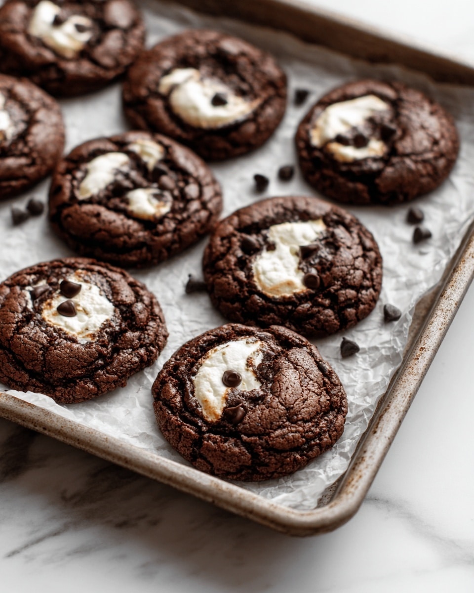The image shows a tray of cookies on a white marbled surface. The cookies are round and dark brown with a cracked texture, each featuring irregular patches of white, melted marshmallow on top. The tray has a slightly worn metallic look, lined with crinkled white parchment paper that holds the cookies. Small pieces of chocolate chips are scattered across the cookies, adding extra texture and color contrast. The cookies are arranged closely together, covering most of the tray surface. Photo taken with an iphone --ar 4:5 --v 7