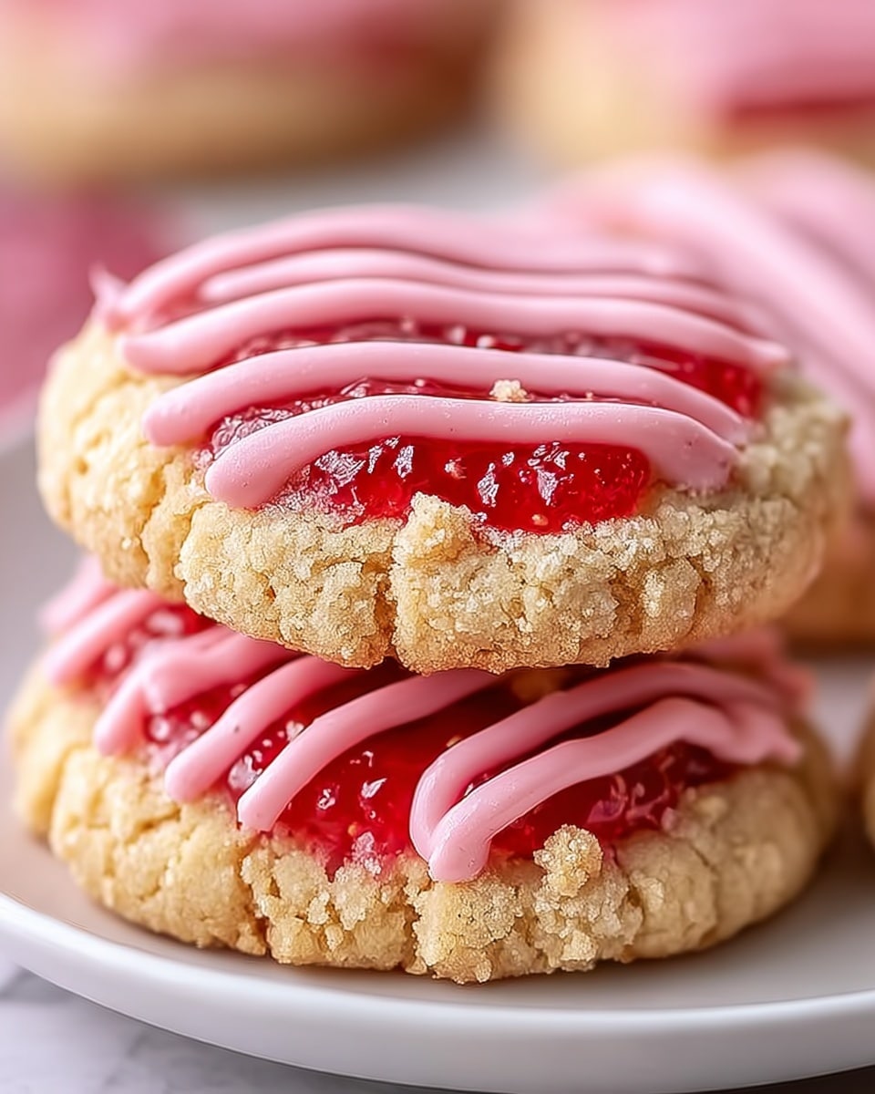 The image shows two round cookies stacked on a white plate, placed on a white marbled surface. Each cookie has a crumbly light brown base with a slightly rough texture. On top of each, there is a layer of bright red jam that looks thick and glossy. The jam is accented with small crumbs of the cookie dough, adding texture. Over the jam, thick pink icing is drizzled in curved lines across the top, giving a soft, smooth contrast to the crumbly base. The close-up view highlights the layers and textures clearly, with blurred pink elements in the background adding depth. photo taken with an iphone --ar 4:5 --v 7