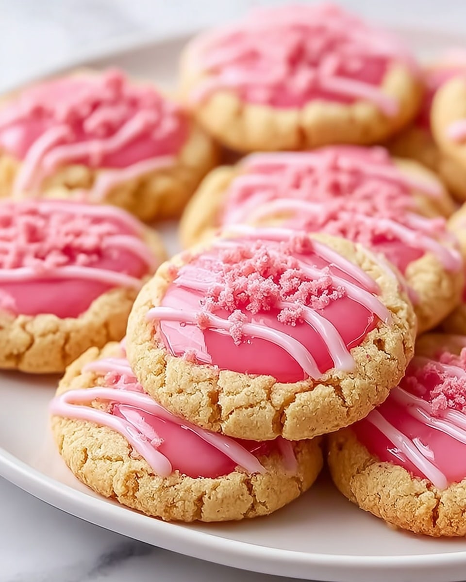 The image shows round cookies with a cracked golden-brown base layer that appears soft and crumbly. On top, there is a smooth, shiny, bright pink jelly layer at the center of each cookie, covering the middle area but leaving the edges visible. Over the jelly, there are small crumbs sprinkled unevenly to add texture. The final layer is a light pink, glossy drizzle of icing applied in diagonal lines across the top. The cookies are arranged close together on a white plate, all set on a white marbled surface. photo taken with an iphone --ar 4:5 --v 7
