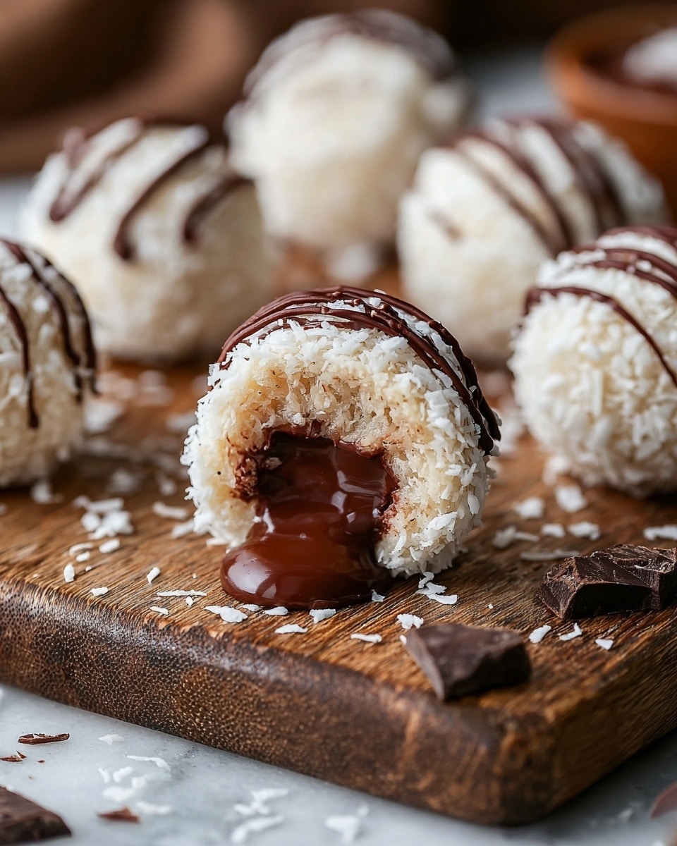This image shows a group of round coconut balls covered in white shredded coconut arranged on a sheet of white parchment paper. Each ball is drizzled with thin, smooth lines of dark chocolate, creating a contrast against the white coconut. At the top right corner, there is a white bowl containing melted dark chocolate with a silver spoon resting inside, coated with chocolate. The background is a white marbled texture, adding a clean and bright setting to the scene. photo taken with an iphone --ar 4:5 --v 7