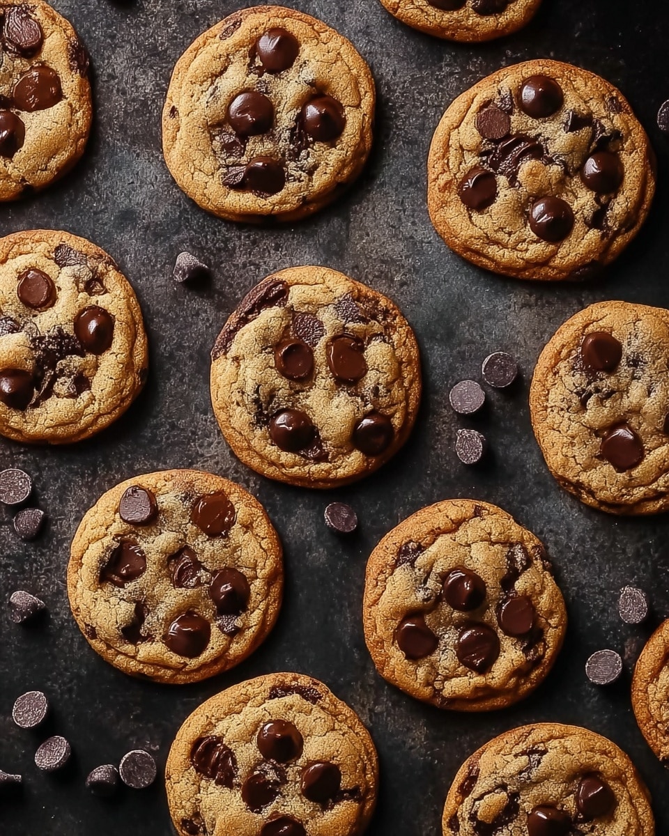 A flat lay of about eleven round chocolate chip cookies spread across a dark textured surface, each cookie golden brown with a slightly crispy edge and soft center. Each cookie is topped with several shiny, melted dark chocolate chips scattered unevenly across the top, some partly sunken in. Around the cookies lie a few loose dark chocolate chips of varying sizes. The surface has a rustic dark look that contrasts with the warm tones of the cookies. photo taken with an iphone --ar 4:5 --v 7